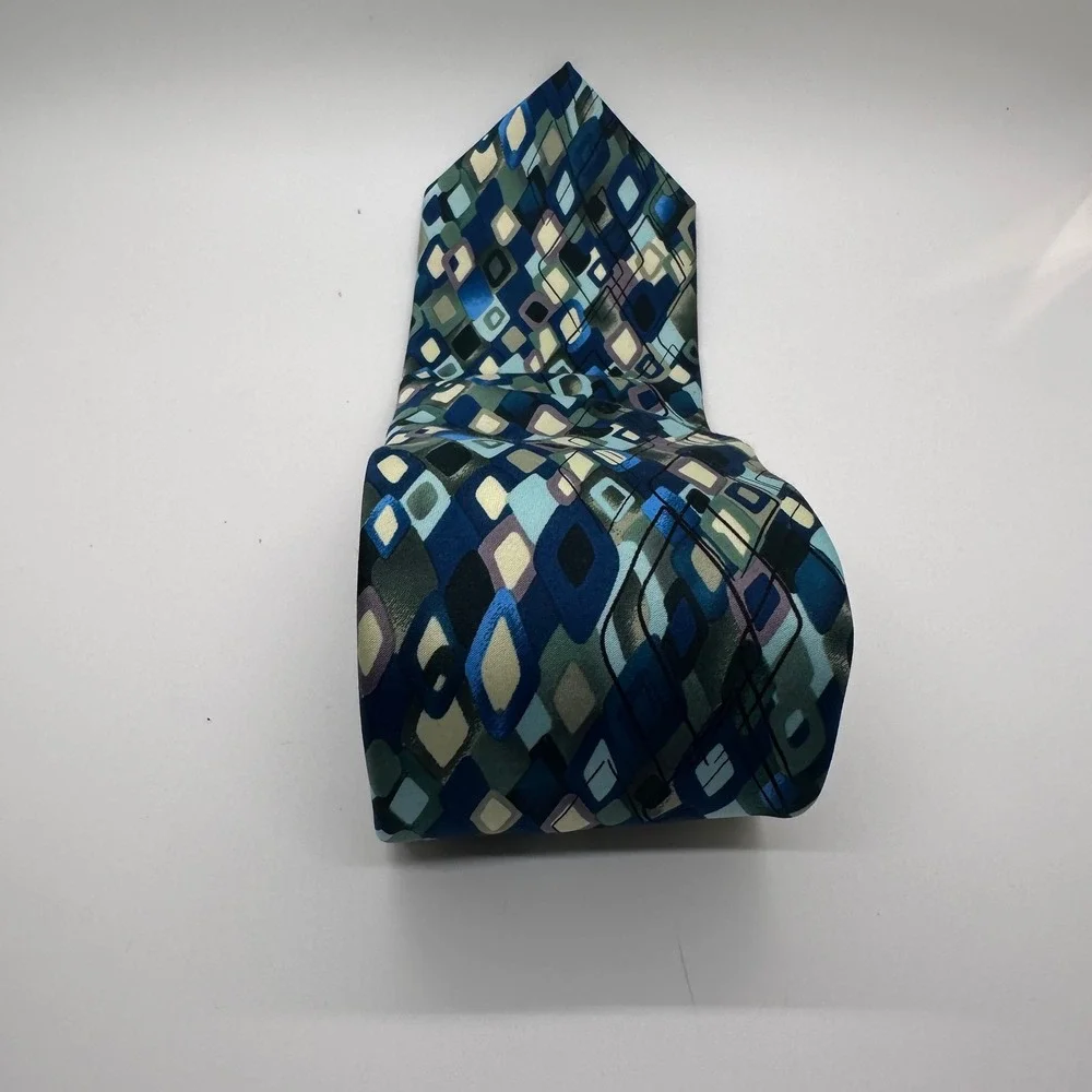 J. Garcia Necktie Geometric Diamond Pattern Blue Green Silk‎ Blend